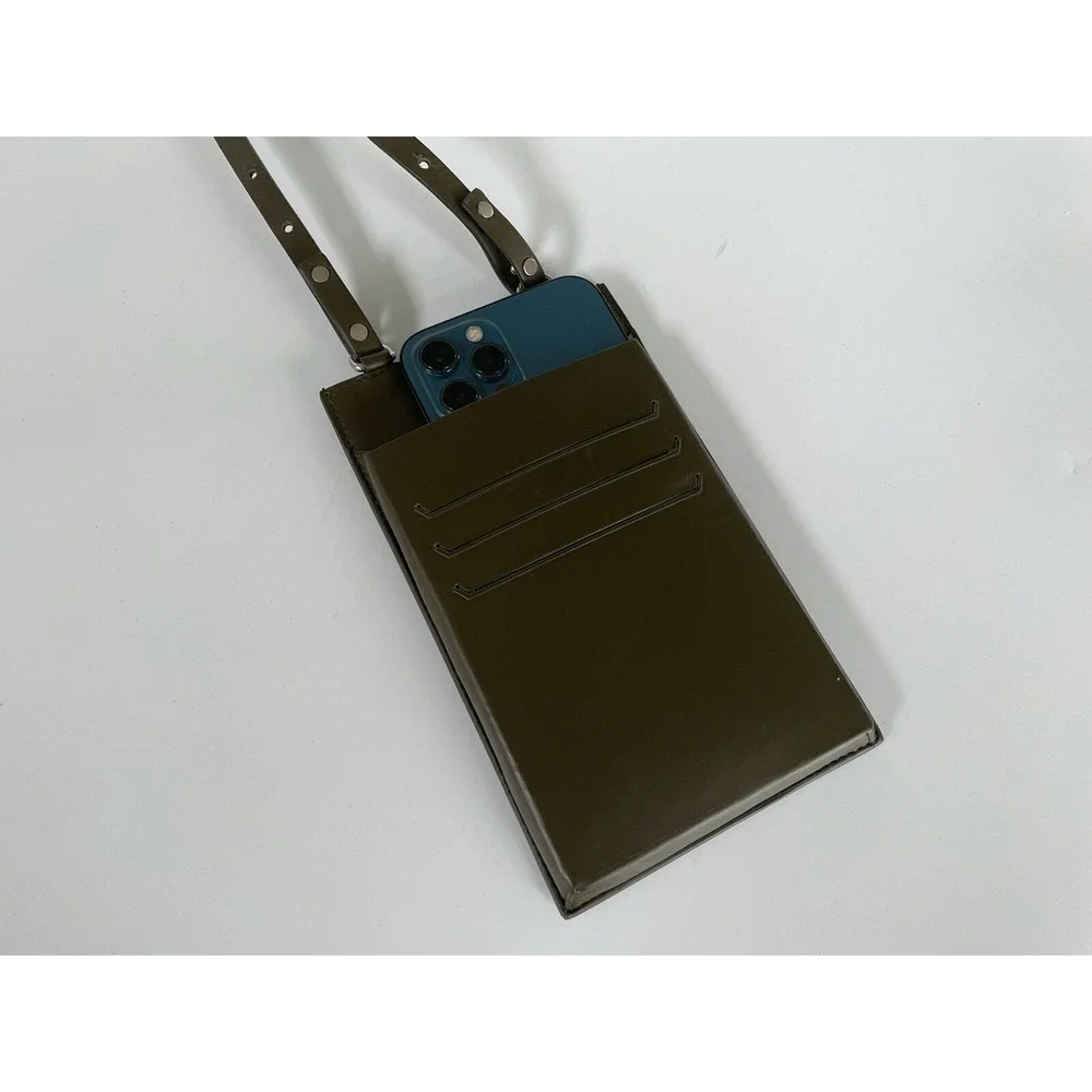 Bottega Veneta Black Leather Lanyard Phone Case‎ Wallet 578205 Green stripe